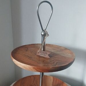 Two-Tier Wooden Serveware Stand with Metal Handle - Brown